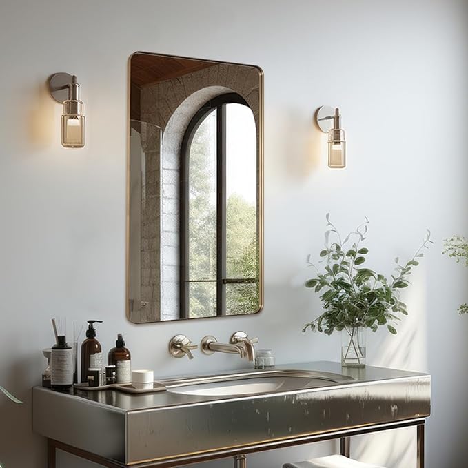 ANDY STAR 30"x48" Brass Gold Bathroom Mirror, Large Wall Mirror for Bathroom, Rounded Rectangle Mirror in Premium Stainless Steel Metal Frame Hangs Horizontal Or Vertical (Brushed Gold)