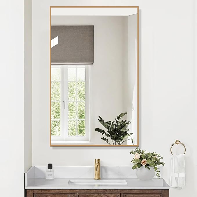 Golden Bathroom Mirror for Wall, Rectangle Mirrors with Metal Frame, Modern Vanity Wall Mirror Decor for Entryway Hangs, Bathroom Living Room Horizontal or Vertical(Golden, 30" L x 24" W)