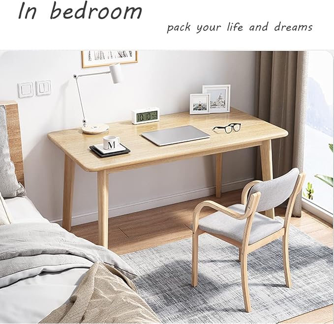 IOTXY Simple Wooden Writing Desk - Modern Minimalist Style PC Laptop Computer Workbench with Solid Wood Legs, 55" W Home Office Work Table for TV Stand Music Video Live Broadcast Workstation, White