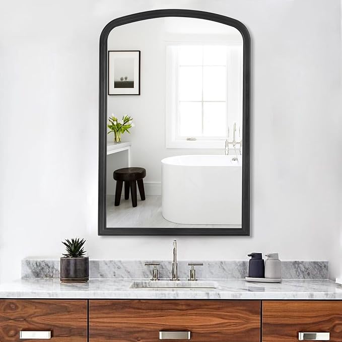 HOMECOOKIN Wood Arched Mirror for Bathroom, 20" x 30" Farmhouse Rustic Arched Wall Mirror Wood Framed Vanity Mirror for Home Decor Entryway Living Room (Black)