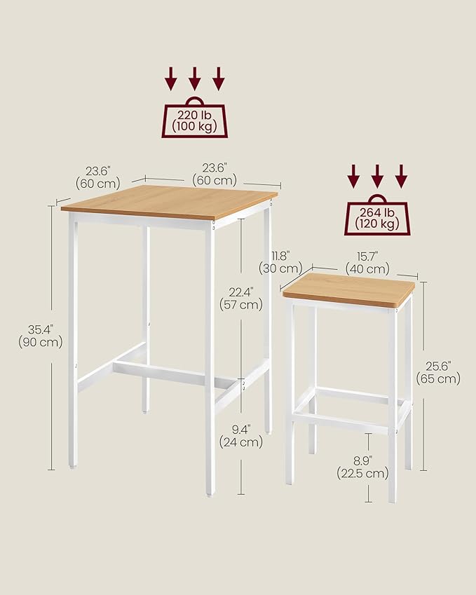 VASAGLE Bar Table and Chairs Set, Square Table with 2 Stools, Dining Pub Set for 2, Space Saving for Kitchen Breakfast, Living Room, Party Room, Golden Oak and Cloud White