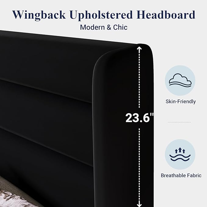 Allewie King Size Platform Bed Frame with Velvet Upholstered Wingback Headboard, No Box Spring Needed, Under Bed Storage Space, Strong Wooden Slats, Modern Mattress Foundation, Easy Assembly, Black