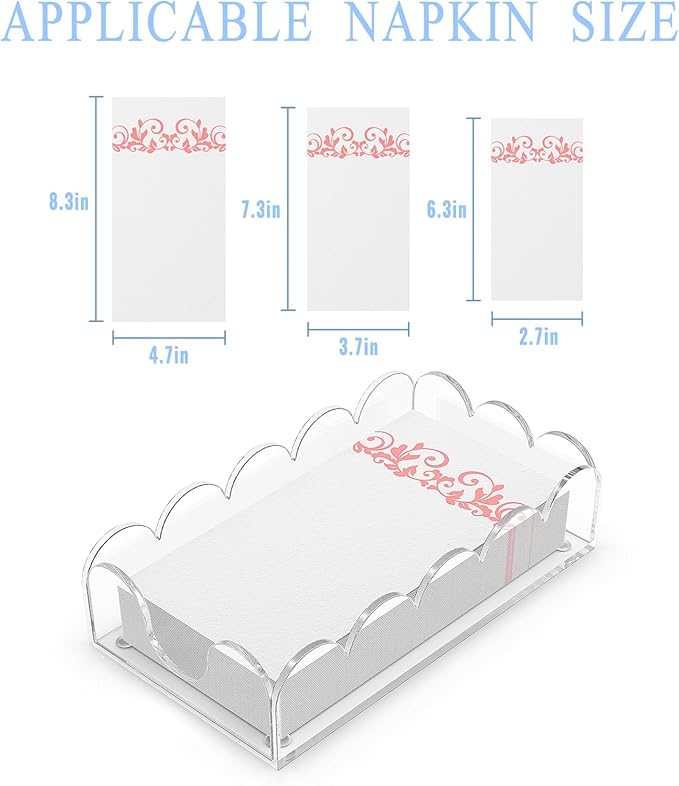 LUGUNU Clear Acrylic Napkin Holder – Scalloped Tray for Bathroom, Kitchen, Dining Room – Stylish Guest Hand Towel & Disposable Paper Holder for Weddings, Hotels, and Home Decor (9x5.1x2.4 inch)