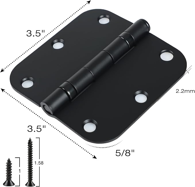 24 Pack Ball Bearing Door Hinges Matte Black 3.5 Inch 5/8"Radius Rounded Squeak Free Interior 3-1/2"Flat Iron Bifold Standard Office Bedroom Indoor for Doors 3 ½" Hardware Home House Decor Essentials