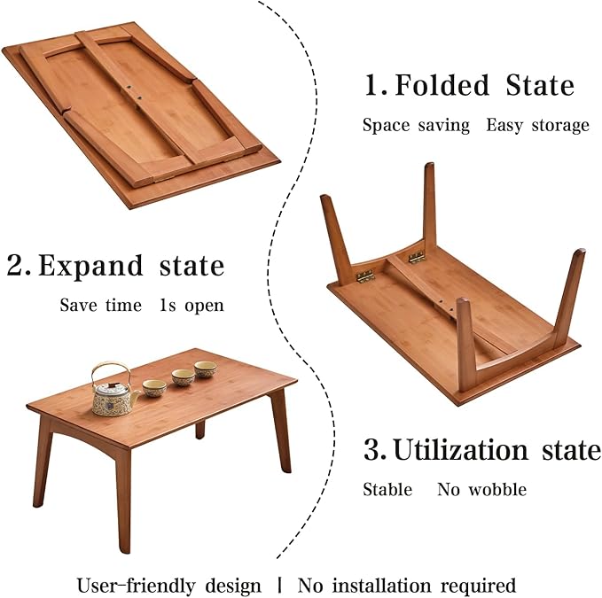 Japanese Floor Table No Assembly Required Bamboo Folding Walnut Coffee Table Bedroom 23.6x15.7x9.8in Furniture Low Tea Table for Sitting on The Floor Walnut Small