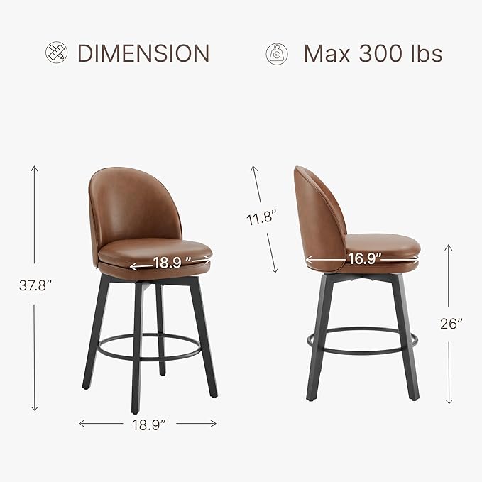 Counter Height Barstools 26 inch Upholstered Swivel Bar Stools with Back and Wood Legs for Kitchen Island,Set of 2,Brown PU Leather-Armless