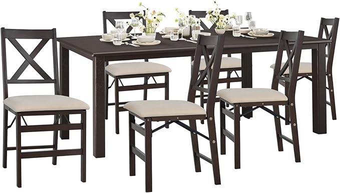 COLAMY 60 Inch Rectangular Kitchen Dining Table for 6, Modern Farmhouse Dining Table Set for 6, Wood Dining Table and Folding Dining Chairs for Kitchen, Dining Room, Restaurant, Brown/Beige