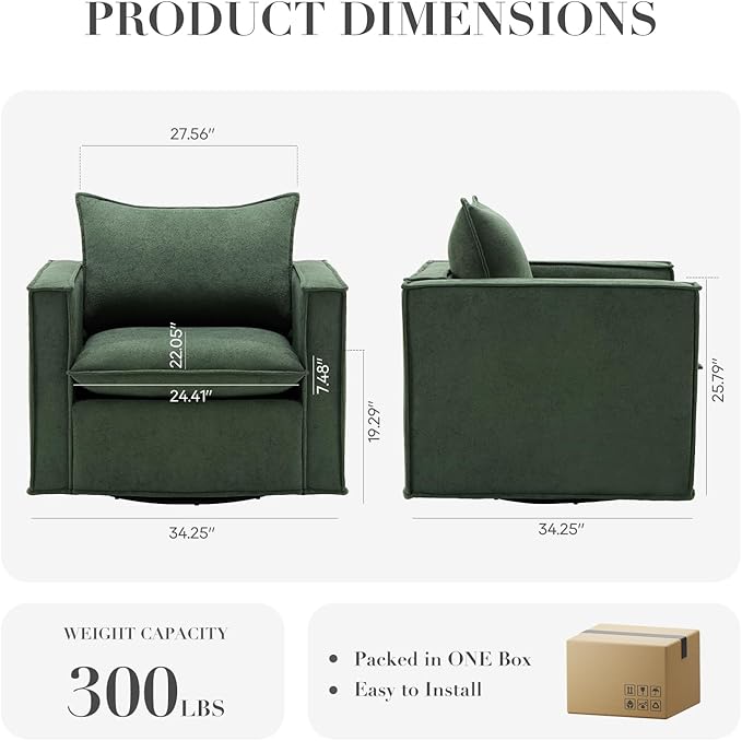 COLAMY Swivel Accent Chair Set of 2, Wide Upholstered 34in Living Room Chairs with Pillow Modern Comfy ArmChair Bedroom Reading Room Chair Sofa,Green
