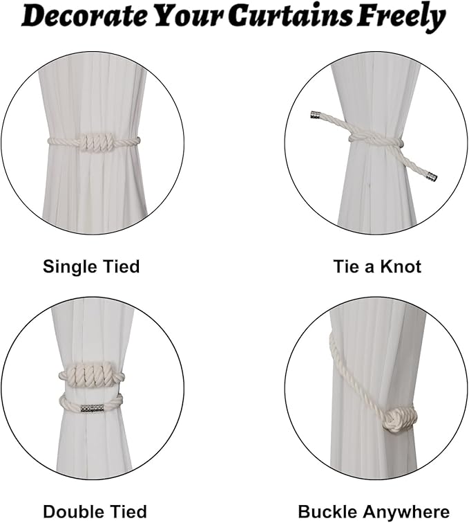 BEL AVENIR Magnetic Cotton Curtain Tiebacks, Decorative Drapery Holdbacks Modern Woven Tie-Backs with Exquisite Knot (Cotton, 6 Pack)