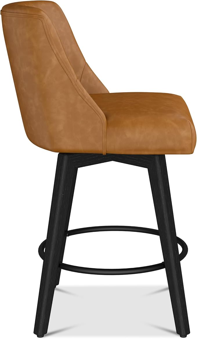 Counter Height Bar Stools Set of 4, Modern Swivel Barstools with Back and Wood Legs, Faux Leather Upholstered Bar Chairs, 26" H Kitchen Counter Stools, Kitchen Island Home Bar, Whisky Brown