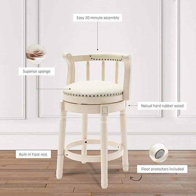 Cow top Leather Wooden Bar Stools, 360 Degree Swivel Bar Height Chair with Backs for Home Kitchen Counter, Morden Chair Barstools (Ivory Wood 1pc-Cream Seat, Counter Height-Seat Height 26”)