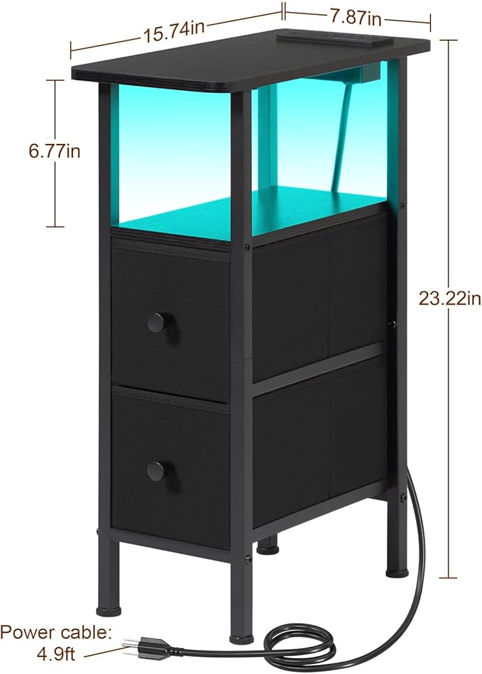 Narrow End Tables Living Room Set of 2 with Charging Station, Skinny Side Table with Fabric Drawers, Slim LED Nightstand for Bedroom, Small Spaces, Couch, Black, HETNDP02LBK