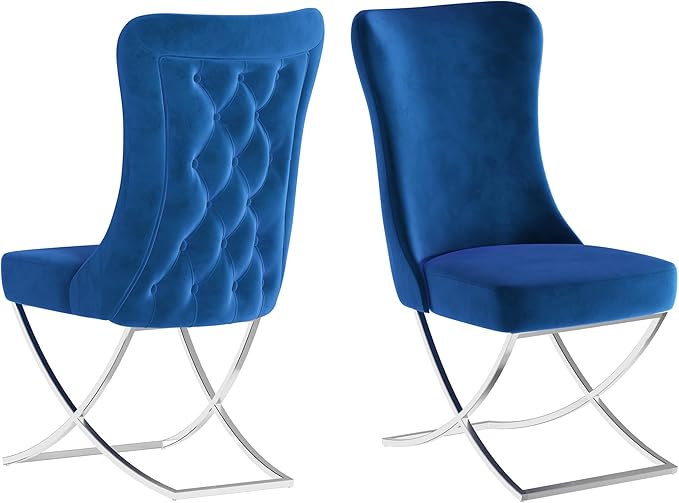 Ottomanson Royal Dining Chairs Set of 4 – Upholstered Tufted Microfiber, Assembled, Silver Metal Legs, Beech Wood Frame, 350 lb Capacity, Blue