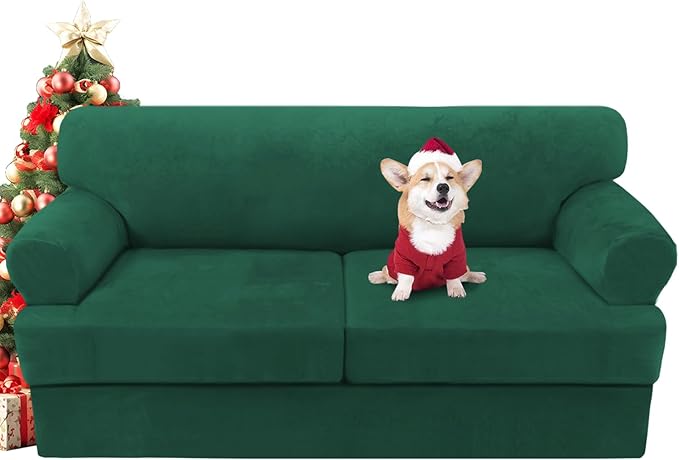 H.VERSAILTEX Sofa Cover 3 Piece T Cushion Sofa Slipcovers Thick Velvet Couch Cover Stretch T Cushion Sofa Covers for 2 Cushion Couch with 2 Individual T Cushion Covers, Vintage Green