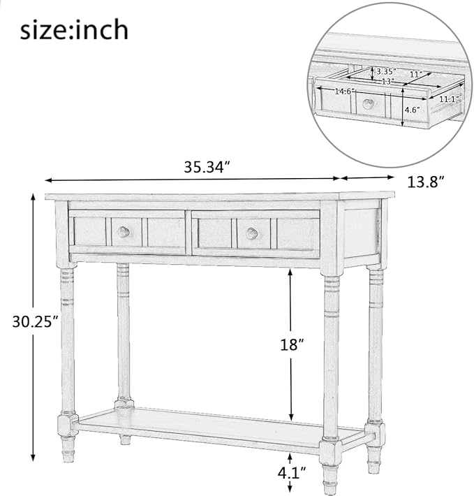 Bellemave Console Table with Drawers, Retro Entryway Table with 2 Drawers and Open Storage Shelf, Narrow Long Sofa Table, Behind Couch Table for Living Room, Foyer and Hallway, Retro Grey