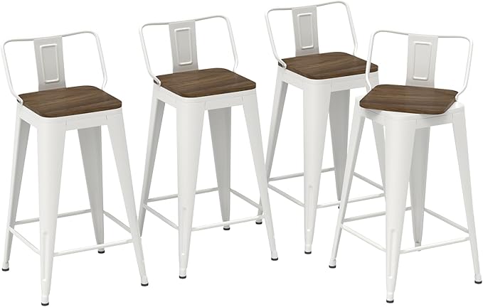 30 Inch Swivel Bar Stools Set of 4, Counter Height Bar Stools with Low Back, Metal Industrial Bar Chairs for Kitchen Island (White)