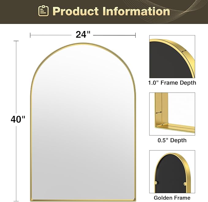Brightify Arched Mirror, Arched Wall Mirror, 24 x 40 Inch Gold Arch Mirror, Metal Frame Gold Bathroom Mirror, Arched Top Bathroom Vanity Mirror for Living Room Bedroom Mantel Entryway Hallways