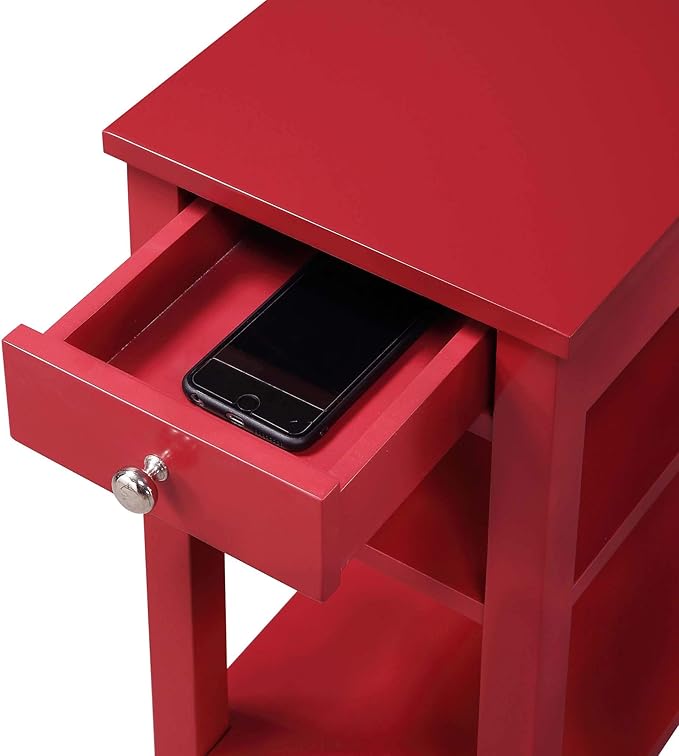Convenience Concepts American Heritage Chairside End Table with Drawer 23.5" - Classic Living Room Table with Storage Shelf, Bedroom Nightstand, Cranberry Red