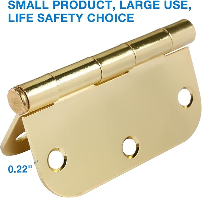 3 Pack Rounded Door Hinges 3-1/2" x 3.5 inch, 5/8 Radius, Polished Brass 3 ½ Inch Gold House Interior Hinge for Bed/Living/Guest/Pantry/Storage/Study/Work Room Doors Heavy Duty Steel Hardware Kit