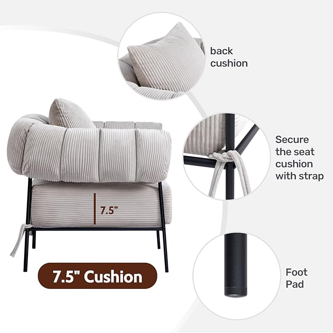 HollyHOME Modern Velvet Accent Chair with Ottoman, Upholstered Comfy Reading Chair and Footstool, Fabric Large Lazy Arm Chair and Stool, Lounge Sofa Chair for Living Room, Bedroom, Grey Chair&Stool