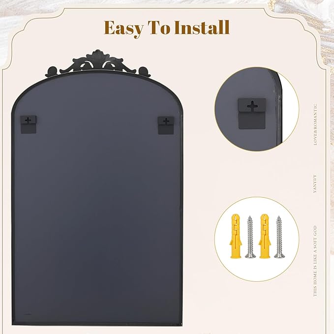 26x38 inch Vintage Arched Bathroom Mirror - Gorgeous Wall Vanity Mirror with Beautiful Retro Top and Bottom Engraving Process Frame for Entryway Hallway Living Room, Black