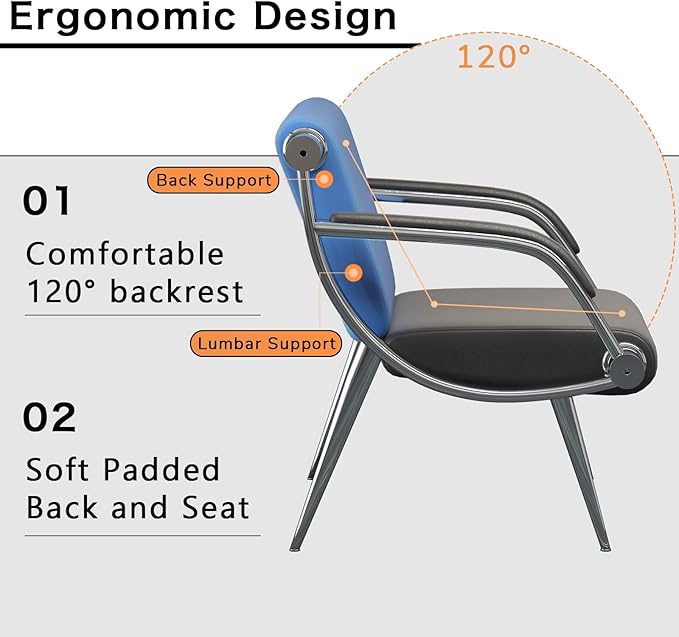 wonline 2Pcs Waiting Room Chair with Armrest PU Leather Office Furniture, Office Guest Seating Lobby Conference Reception Chairs for Airport Clinic Hospital Bank Salon Barber(Blue&Black)