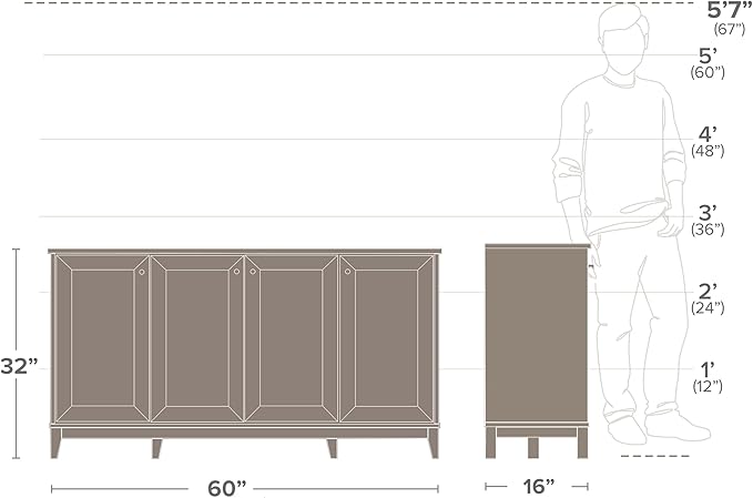 Prepac Yaletown 4 Panel Door Console Table with Storage, Oak Storage Cabinet with Doors and Shelves, Sideboard Storage Cabinet 60" W x 32" H x 16" D, OCBG-2220-1