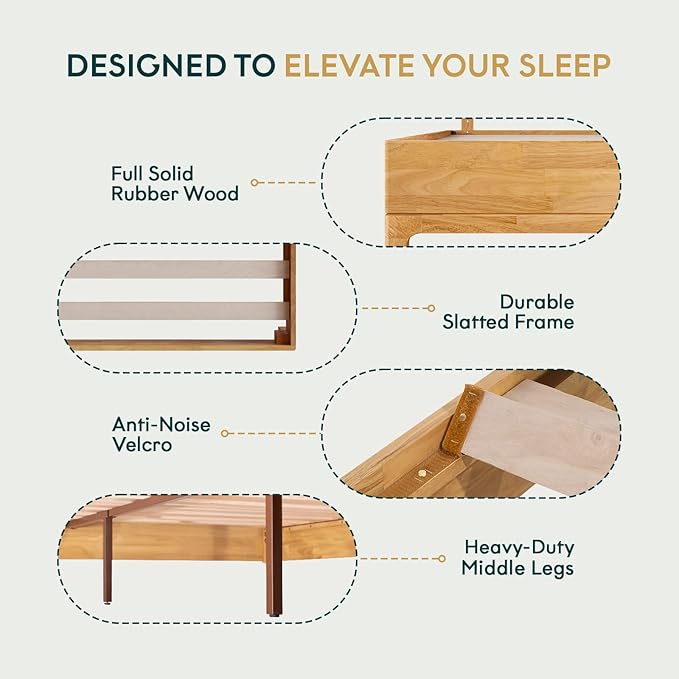 Nipe Platform Bed Frame with Headboard Size Queen - Light Natural - Solid Rubber