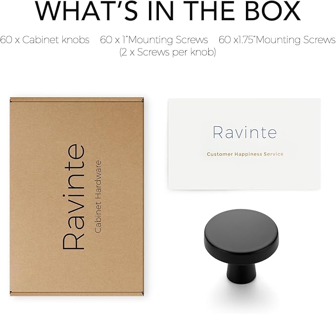 Ravinte 60 Pack Drawer Pulls 1-1/4 Inch Matte Black Kitchen Cabinet Knobs Solid Round Black Dresser Handles for Simple Cupboard Hardware