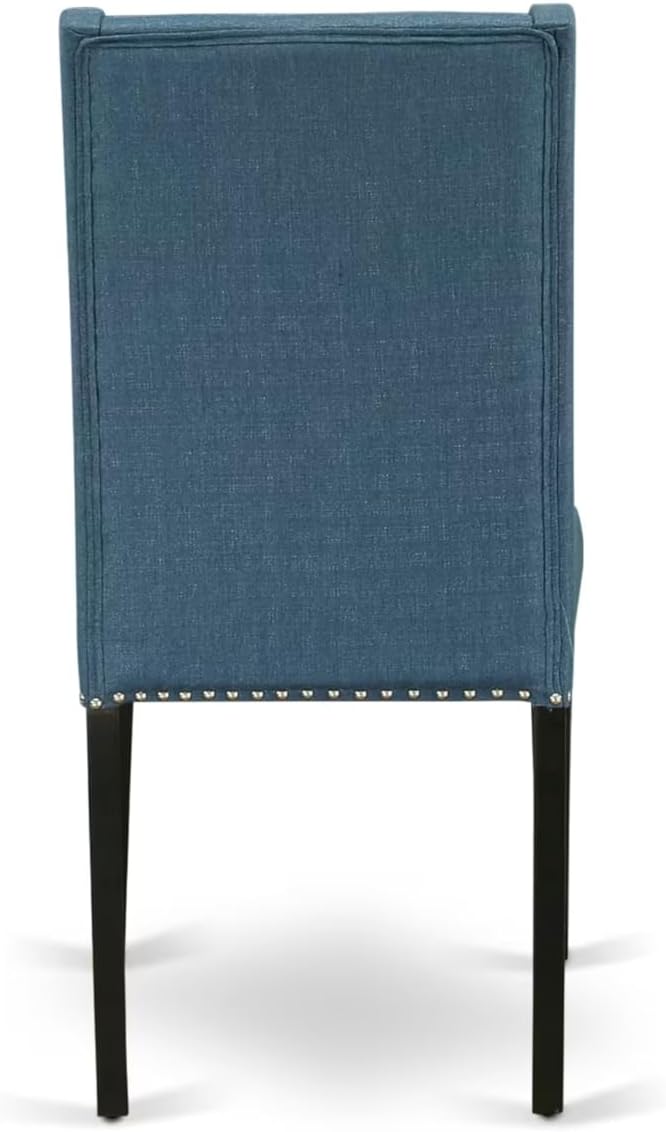 NKFL9-SBB-21-9-Piece Kitchen Table Set Consists of a Wooden Table and 8 Mineral Blue Linen Fabric Parson Chairs with Padded Chair Back - Sand Blasting Black Finish.