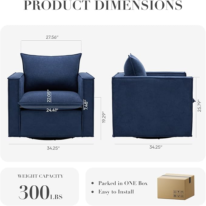 Swivel Accent Chair Set of 2, 34 Inches Wide Upholstered Arm Chair with Plump Back Pillow, Modern Sofa Living Room Chair for Bedroom, Corner, Reading Nook-Blue