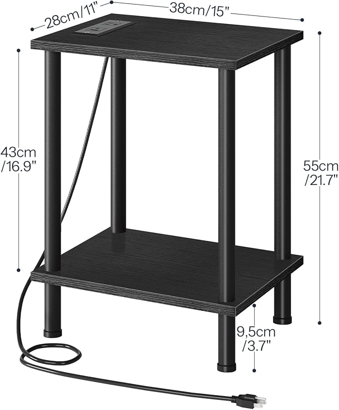 HOOBRO Side Table with Charging Station, Set of 2 End Tables with USB Port and Outlets, Nightstand with 2-Layer Storage Shelves for Small Spaces, Living Room, Bedroom, Black BK09UBZP201