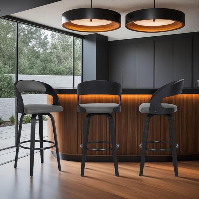 Armen Living Shelly 30" Bar Height Swivel Gray Faux Leather and Black Wood Bar Stool - Set of 3