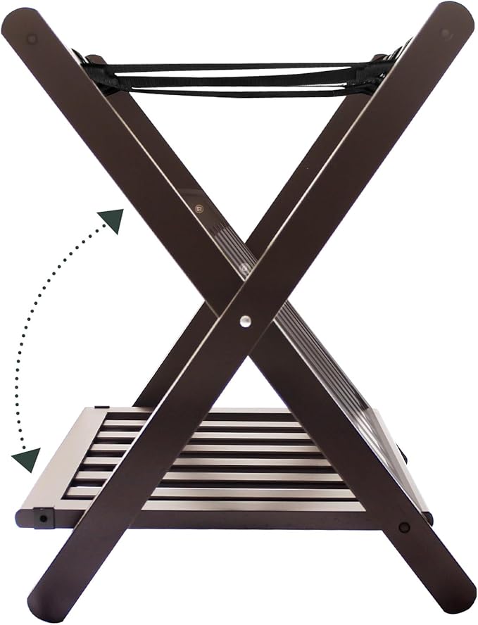 Pack of 2 Fully Assembled Bamboo Luggage Racks, Folding Suitcase Stand with Shoe Shelf, 5 Nylon Straps, Heavy Duty, Luggage Stands Ideal for Guest Room, Bedroom, Hotel, Espresso