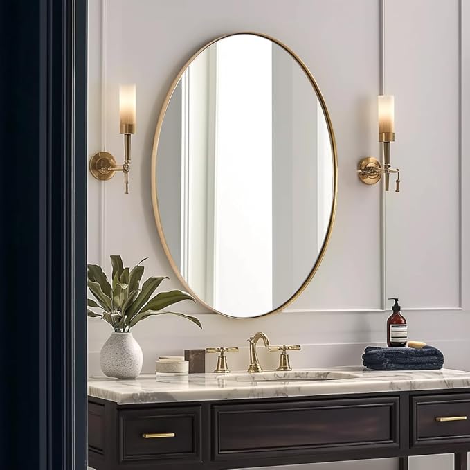 ANDY STAR Gold Oval Mirrors for Bathroom, 24x32 Inch Brushed Gold Stainless Steel Metal Framed Oval Wall Mirror, Modern Brass Vanity Mirror Pill Shaped Mirror