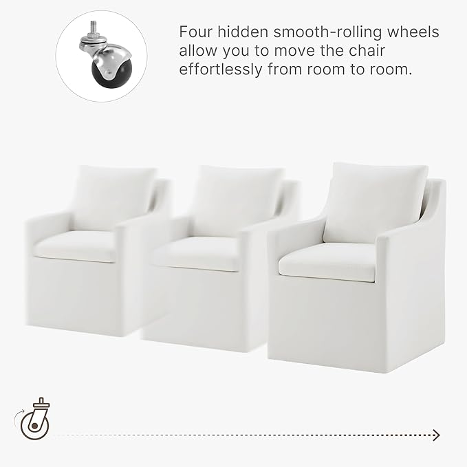 Upholstered Dining Chairs with Casters Washable Cover Side Deskchair with Rollers for Diningroom, Living Room, Cream, 1 Box