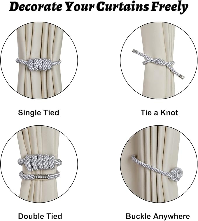 BEL AVENIR Magnetic Curtain Tiebacks, Decorative Drapery Holdbacks Modern Woven Tie-Backs with Exquisite Knot (Sliver, 4 Pack)