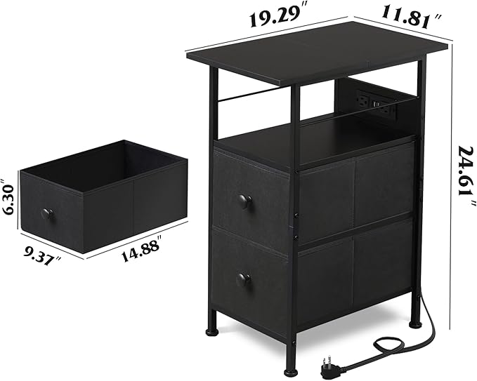 WLIVE Narrow Side Table with Charging Station, End Table with LED Light, 2 Fabric Drawers and Open Shelf, Black Bedside Tables Living Room, Small Space, Bedroom, Night Stand with Charger Station