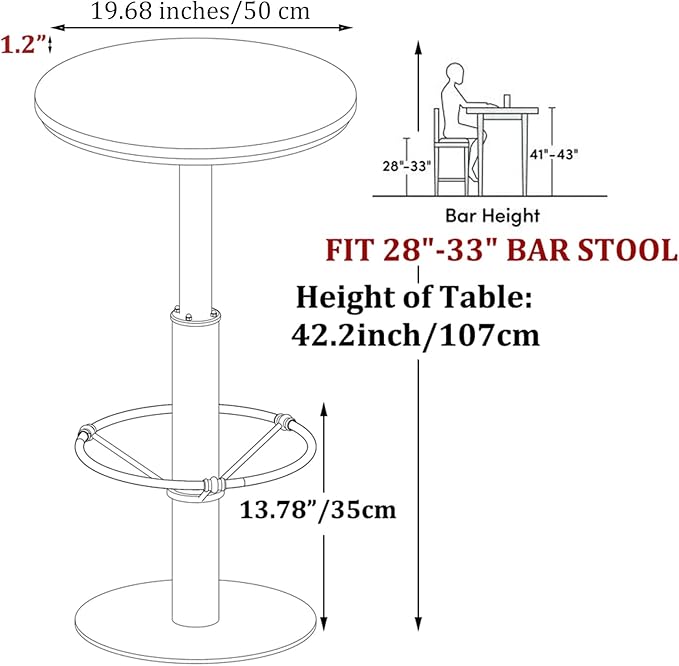 LOKKHAN 42" Tall Rustic Industrial Bar Table-19.68" Dia Round Wooden Top Metal Bar Height Adjustable Standing Pub Table-Dining Room Bistro Table-Cocktail Table (Silver,Walnut)