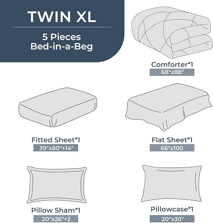 HEVUMYI Twin-XL Comforter Set - 5-Piece All Season Bed in a Bag Twin-XL, Ultra Soft Bedding Set with Comforter, Flat Sheet, Fitted Sheet, Pillowcases, Pillow Shams, Navy Blue & Light Grey