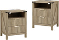 Fluted Nightstand with Charging Station Set of 2-20 Inch Wide Farmhouse Bedside Table with 2 Drawers, Modern Wood End Side Table for Bedroom Study Storage Sunwashed Ash Oak