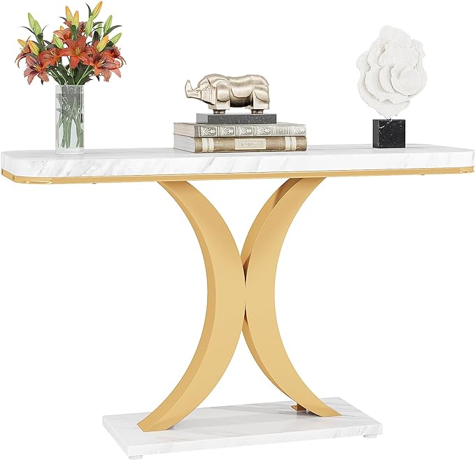 LITTLE TREE Narrow Entryway Console Table, Small, White+Gold