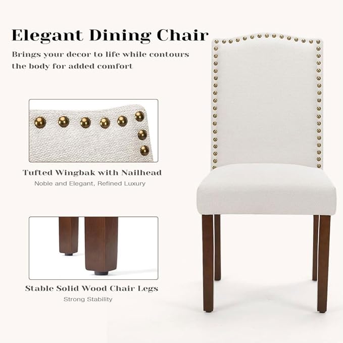 Kitchen Chairs Set of 6 Modern Upholstered Fabric Seat with Nailhead Trim and Ergonomic Lumbar Support for Living Room and Rustic Farmhouse Dining Area, Beige