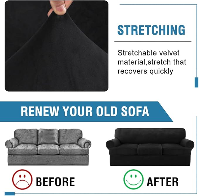 H.VERSAILTEX Sofa Cover 4 Piece T Cushion Sofa Slipcovers Velvet Couch Cover Furniture Protector Stretch T Cushion Sofa Covers for 3 Cushion Couch with 3 Individual T Cushion Covers Washable, Black