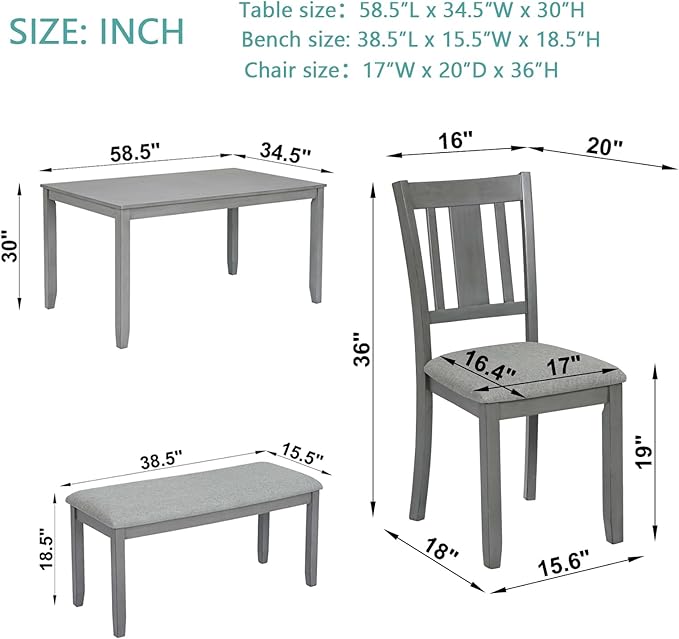 soges 6 Piece Kitchen Dining Table Set, Wooden Dining Table with 4 Upholstered Chairs and a Bench for 6 People, Living Room, Home and Kitchen, Table Chairs Set, Grey
