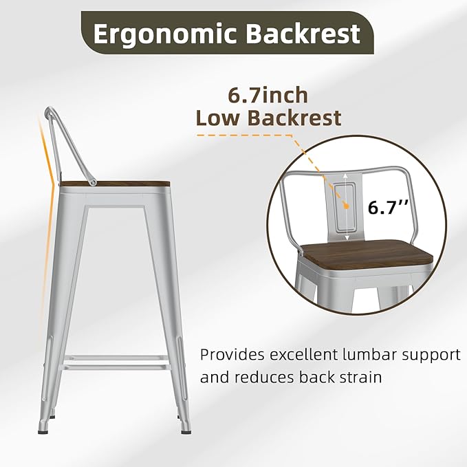 26 Inch Swivel Bar Stools Set of 4, Counter Height Bar Stools with Low Back, Metal Industrial Bar Chairs for Kitchen Island (Silver)