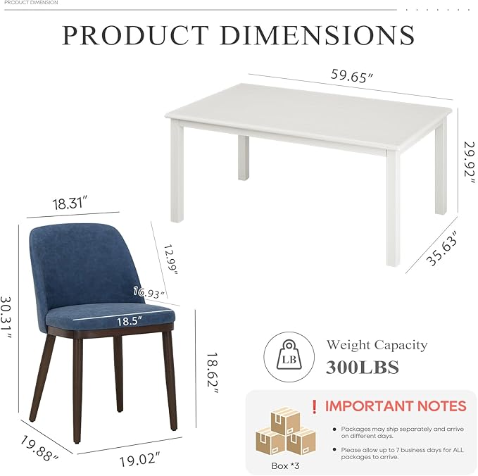 COLAMY 60 Inch Rectangular Kitchen Dining Table for 4, Modern Farmhouse Dining Table Set for 4, Wood Dining Table and Upholstered Dining Chairs for Kitchen, Dining Room, Restaurant, White/Blue