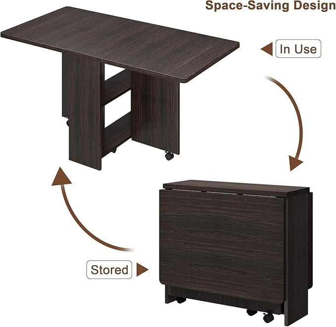 IDEALHOUSE Folding Dining Table, Drop Leaf Dining Table with 6 Wheels and 2-Layer Storage Shelf, Space Saving Dining Table for Small Spaces (Dark Walnut, 50.1" D x 31.4" W x 29.5" H)