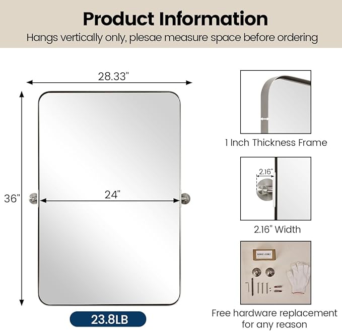 MOON MIRROR 24" x 36" Brushed Nickel Metal Framed Pivot Rectangle Bathroom Mirror, Silver Tilting Rounded Rectangular Vanity Mirror for Wall Mounted Hangs Vertical(Overall 27.75" x 36")