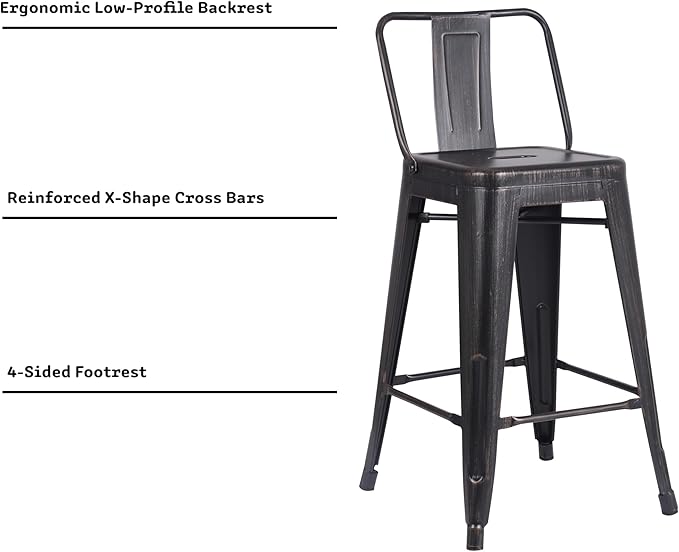 AC Pacific 24” Metal Barstool Set of 2 – Country Rustic Style with Low Back, Lightweight & Sturdy Build, Easy Assembly – Sanded Matte Midnight/Brushed Rusty Gold